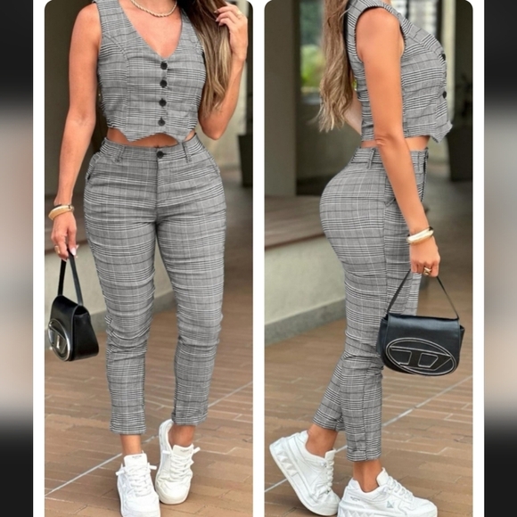 CHICME Plaid Two-Piece Stretchy Set In Black And White Size L - Picture 16 of 16